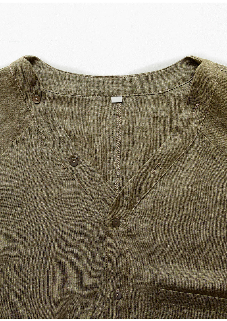 Linen V-Neck Long-Sleeved Shirt