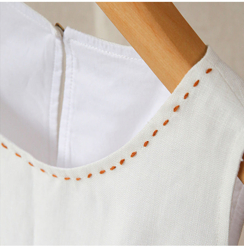 Solid-Color Linen A-Line Dress With Beading
