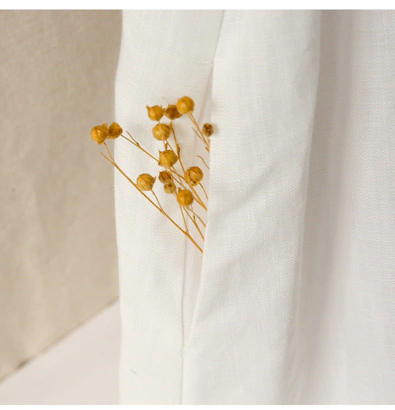 Solid-Color Linen A-Line Dress With Beading